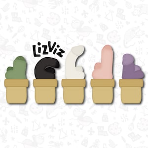 May include: Five different colored ceramic planters with a variety of plant shapes. The planters are all the same size and shape, and they are arranged in a row. The planters are all decorated with a simple design. The text "LizViz" is written in black letters on a white background.