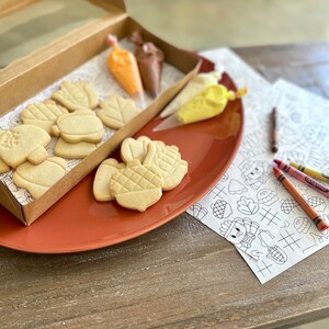 May include: A set of fall-themed cookie decorating supplies. The set includes a box of plain sugar cookies shaped like acorns, leaves, and pumpkins, two decorating bags with icing, and a coloring page with fall-themed illustrations.