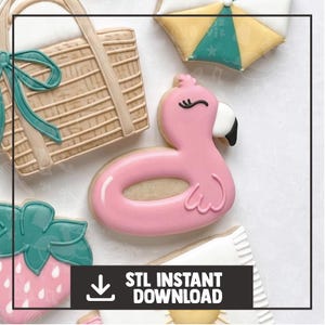 May include: A collection of summer-themed cookies, including a pink flamingo float, a picnic basket with a teal bow, a strawberry, and a beach umbrella. The cookies are decorated with icing and have a glossy finish. The image includes the text "STL INSTANT DOWNLOAD".