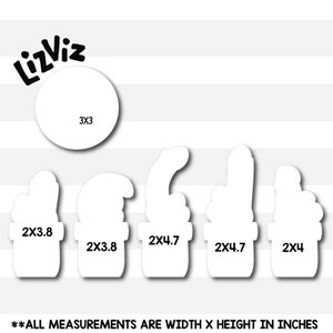 May include: Five different sized white outlines of succulent plants in pots. The measurements are listed below each pot in inches, for example, 2x3.8. The text "ALL MEASUREMENTS ARE WIDTH X HEIGHT IN INCHES" is at the bottom of the image.