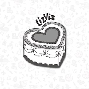 May include: A heart-shaped cake decorated with white frosting and a gray heart in the center. The cake is on a white background with a pattern of various doodles. The text "LizViz" is written in black above the cake.