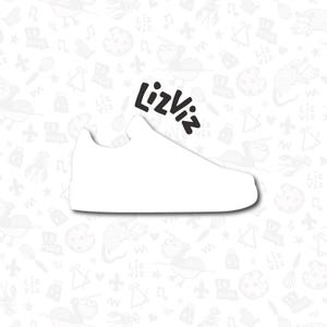 May include: A white trainer silhouette with the text "LizViz" in black. The background features a repeating pattern of various food-related and decorative elements in white and light grey.