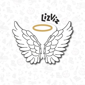 May include: A black and white illustration of a pair of angel wings with a gold halo above them. The text "LizViz" is written above the halo.