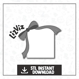 Könnte beinhalten: Ein grau-weißes, druckbares 3D-Modell einer Geschenkbox mit Schleife und dem Text "LizViz" an der Seite. Der Text "STL Instant Download" befindet sich unter dem Bild.