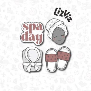 May include: A spa day themed design featuring a face with a towel, a robe, slippers, and the words "spa day". The slippers have a floral design. The text "LizViz" is also present.