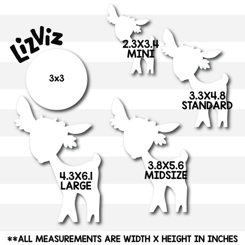 May include: Four different sizes of a white deer silhouette cutout with measurements in inches. The sizes are mini, standard, midsize, and large. The text "Lizviz" is in the top left corner of the image.
