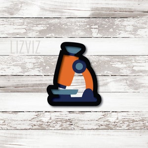 May include: A colourful microscope design in orange, blue, and black. The image features a stylised illustration of a microscope, with a bold outline and a layered effect. The word "LIZVIZ" is visible in the upper left corner.