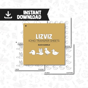 May include: A set of printable icing transfer sheets featuring a duck bundle. The sheets include 9 flying ducks, 16 sitting ducks, and 5 profile ducks in three sizes: 1.5 inches, 1 inch, and 0.75 inches.