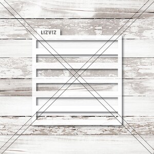 May include: White stencil with the word "LIZVIZ" at the top and five horizontal lines. The stencil is on a white wood background.