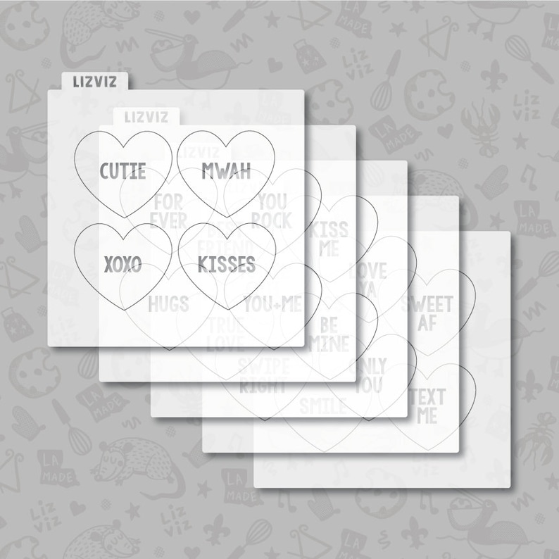 May include: Four sheets of printable Valentine's Day cookie stencils with heart shapes and various sayings, including "Cutie", "Mwah", "XOXO", "Kisses", "You Rock", "Kiss Me", "Love Ya", "Sweet AF", "Be Mine", "Only You", and "Text Me".