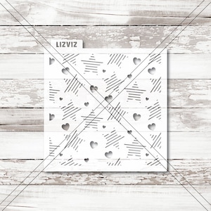 May include: White stencil with a repeating pattern of black stars and hearts. The stencil is labeled "Lizviz" in the top left corner.