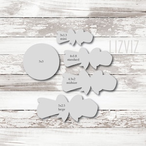 May include: A collection of cookie cutter shapes in various sizes, including a 3x3 inch circle and bow shapes labeled mini, standard, midsize, and large. The image is set against a white, weathered wood background.