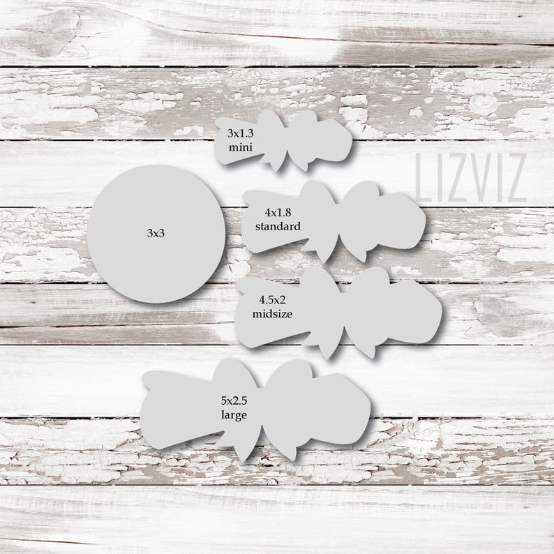 May include: A collection of cookie cutter shapes in various sizes, including a 3x3 inch circle and bow shapes labeled mini, standard, midsize, and large. The image is set against a white, weathered wood background.