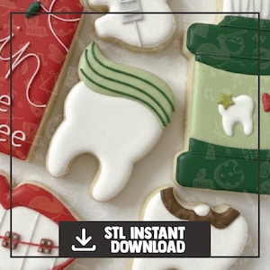 May include: A selection of decorated sugar cookies with dental themes. One cookie is shaped like a tooth with toothpaste, another has a tooth with a star, and others have dental-related designs. The image includes the text "STL INSTANT DOWNLOAD".