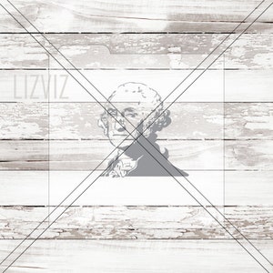 May include: A black and white illustration of George Washington, the first president of the United States, on a white wood background.