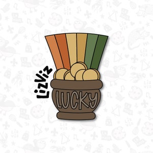 May include: A brown pot with the word "LUCKY" written on it, filled with gold coins. A rainbow of orange, yellow, and green is behind the pot. The word "LizViz" is written to the left of the pot.
