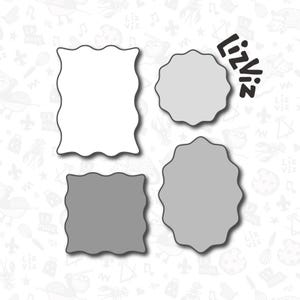 Puede incluir: Cuatro formas troqueladas: un rectángulo blanco, un círculo gris, un cuadrado gris y un óvalo gris. Cada forma tiene un borde ondulado. El texto "LizViz" es en negro, y el fondo es blanco con pequeñas ilustraciones.