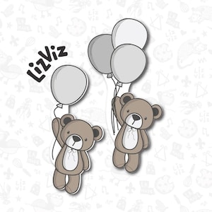 May include: Two brown teddy bears holding onto gray balloons with the word "Lizviz" written in black on a white background.