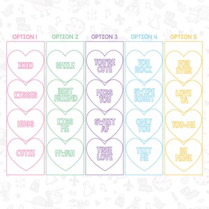 May include: Five rows of colorful heart-shaped candy conversation hearts with different messages. The hearts are pink, green, purple, blue, and yellow. The messages include "XOXO", "SMILE", "YOU'RE CUTE", "YOU ROCK", "FOR EVER", "KISSES", "BEST FRIEND", "MISS YOU", "SWIPE RIGHT", "LOVE YA", "HUGS", "KISS ME", "SWEET AF", "ONLY YOU", "YOU-ME", "CUTIE", "MWAH", "TRUE LOVE", "TEXT ME", "BE MINE".