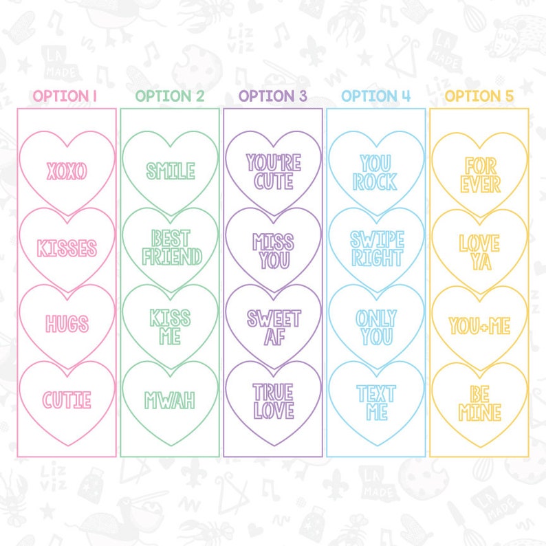 May include: Five rows of colorful heart-shaped candy conversation hearts with different messages. The hearts are pink, green, purple, blue, and yellow. The messages include "XOXO", "SMILE", "YOU'RE CUTE", "YOU ROCK", "FOR EVER", "KISSES", "BEST FRIEND", "MISS YOU", "SWIPE RIGHT", "LOVE YA", "HUGS", "KISS ME", "SWEET AF", "ONLY YOU", "YOU-ME", "CUTIE", "MWAH", "TRUE LOVE", "TEXT ME", "BE MINE".