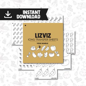 May include: A collection of black and white icing transfer sheets featuring various vegetables, including corn, tomatoes, and pea pods. The sheets are labeled with the text "LIZVIZ ICING TRANSFER SHEETS VEGE BUNDLE" and "INSTANT DOWNLOAD".