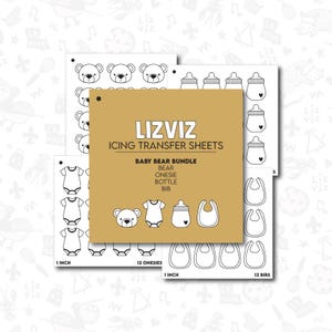 May include: A set of 12 icing transfer sheets for decorating cakes and cupcakes with a baby bear theme. The sheets include images of bears, onesies, bottles, and bibs. The sheets are 1 inch in size.