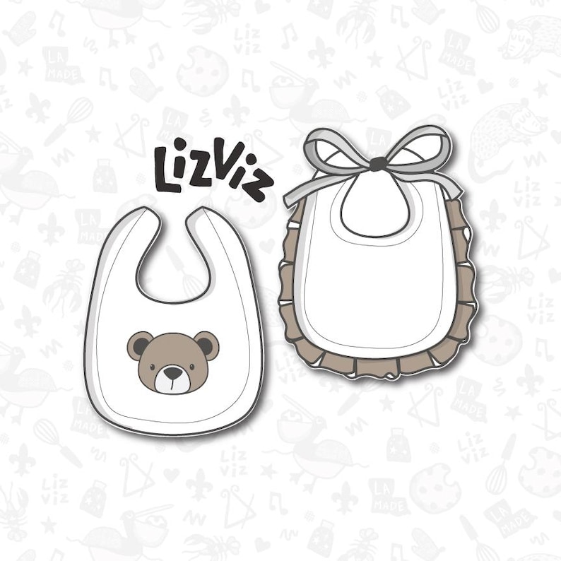 May include: Two baby bibs. One white bib features a brown teddy bear face. The other white bib has a gray bow at the top and a ruffled gray trim. The word "LizViz" is written in black script above the bibs. The background is white with small, repeating illustrations.