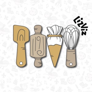 Puede incluir: Cuatro utensilios de cocina marrones y beige sobre un fondo blanco con un patrón de notas musicales, estrellas y otros diseños. Los utensilios son una espátula, un rodillo, una manga pastelera y un batidor. El texto "LizViz" está escrito en negro en la parte superior derecha de la imagen.