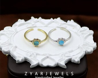 Sterling Silver Sun and Moon Open Ring with Simulated Moonstone – Adjustable Celestial Jewelry, Dainty and Delicate Design