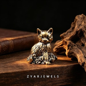 Vintage Solid Brass Rose Pattern Cat Figurine, Mini Floral Kitten Tea Pet Statue, Whimsical Cat Lover Desk Decor
