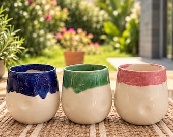 Handmade Ceramic Tumbler Set, Color Drip Pottery Cups, Blue Green Pink Ceramic Cups, Artisan Drinkware, Moroccan Style Tableware