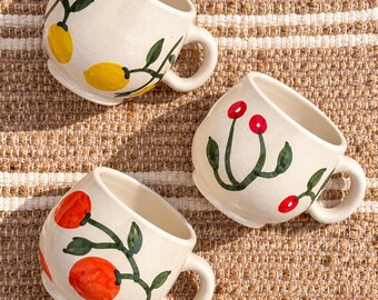 Hand Painted Moroccan Ceramic Mug, Lemon Orange Cherry Fruit Mug, Artisan Coffee Cup, Mediterranean Pottery