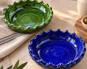 Moroccan Cobalt Blue Appetizer Plate Set of 4, Handmade Scalloped Dessert Plates, Terracotta Pottery, Hostess Gift