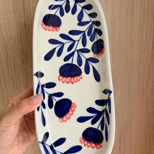Blue Floral Serving Platter – Hand-Painted Ceramic Plate – Mediterranean Tableware – Oval Hosting Dish