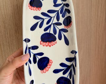 Hand-Painted Floral Serving Platter – Oval Ceramic Serving – Blue & Orange Floral Dish Mediterranean Tableware – Cottagecore Hosting – Gift