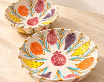 Hand Painted Moroccan Ceramic Serving Bowl, Colorful Fruit Floral Bowl, Artisan Mediterranean Pottery