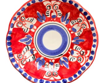 Italian Hand-Painted Ceramic Plate | Amalfi Coast Summer Design | Red & Blue Mediterranean Tableware | Poppy Coral Owl Plate