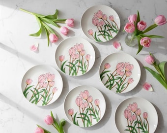 Hand-Painted Floral Ceramic Plates, Pink Tulip and Red Rose Tableware, Cottagecore Plates, Brunch, Tea Time, Dessert & Serving