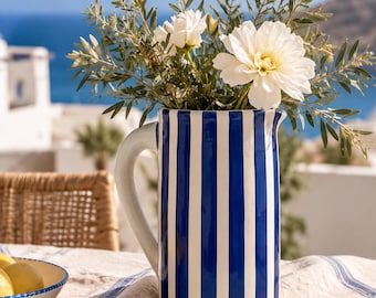 Hand-Painted Moroccan Striped Ceramic Pitcher – Blue & Green