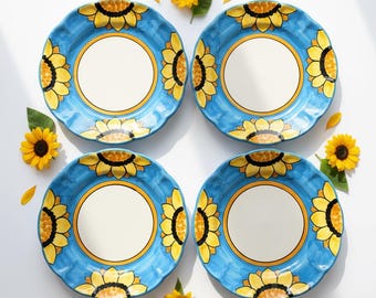 Sunflower Ceramic Plate Set, Hand Painted Floral Dinnerware, Italian Style Tableware, Kitchen Decor Aesthetic, Hostess Gift