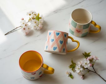 Hand-Painted Ceramic Daisy Mugs | Pink Checkered Heart Coffee Cups