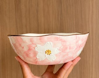 Hand Painted Floral Ceramic Bowls Set of 4, Pink Flower Oval Bowls, Pasta Salad Serving Bowls, Cottage Style Tableware