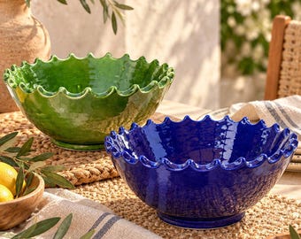 Handmade Moroccan Serving Bowl, Tamegroute Green or Cobalt Blue Ceramic Bowl, Scalloped Salad Bowl, Artisan Tableware