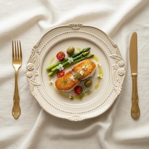May include: A plate of food with a cooked salmon fillet, asparagus, cherry tomatoes, and olives. The white plate has a decorative edge, with a gold fork and knife. The meal is presented on a white tablecloth.