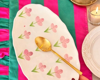 Purple Floral Ceramic Tray Set of 2, Hand Painted Serving Plates, Viola Flower Dish, Hostess Gift, Artisan Tableware