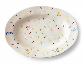 Colorful Confetti Ceramic Serving Tray, Hand Painted Oval Serving Platter, 10” Brunch & Appetizer Dish, Hostess Gift