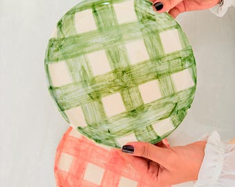 Hand-Painted Gingham Ceramic Plates | Farmhouse Cottage Tableware Set