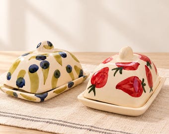 Hand Painted Ceramic Butter Dish with Lid, Handmade Butter Keeper, Strawberry or Blueberry Design, Kitchen Decor, Covered Butter Dish