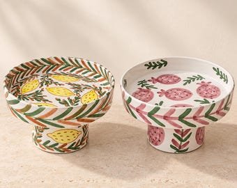 Hand Painted Moroccan Pedestal Bowl, Lemon or Pomegranate Footed Serving Bowl, Small Bowl Set, Mediterranean Pottery