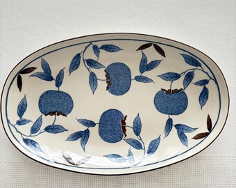 Blue Floral Ceramic Serving Platter, Hand Painted Oval Serving Dish, 12.5” Botanical Plate, Hostess Gift